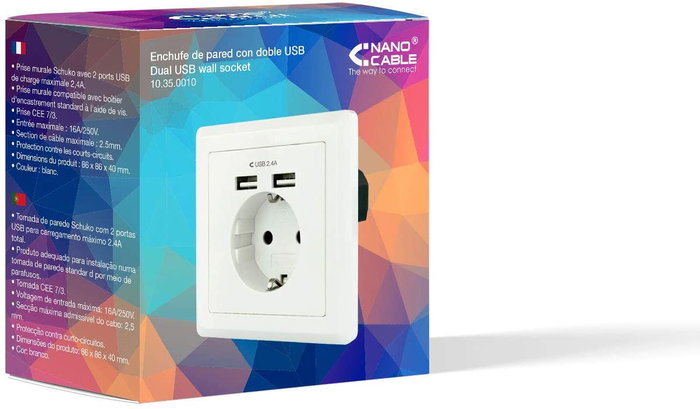 Nanocable Base de enchufe de pared Schuko con 2 puertos USB, blanco